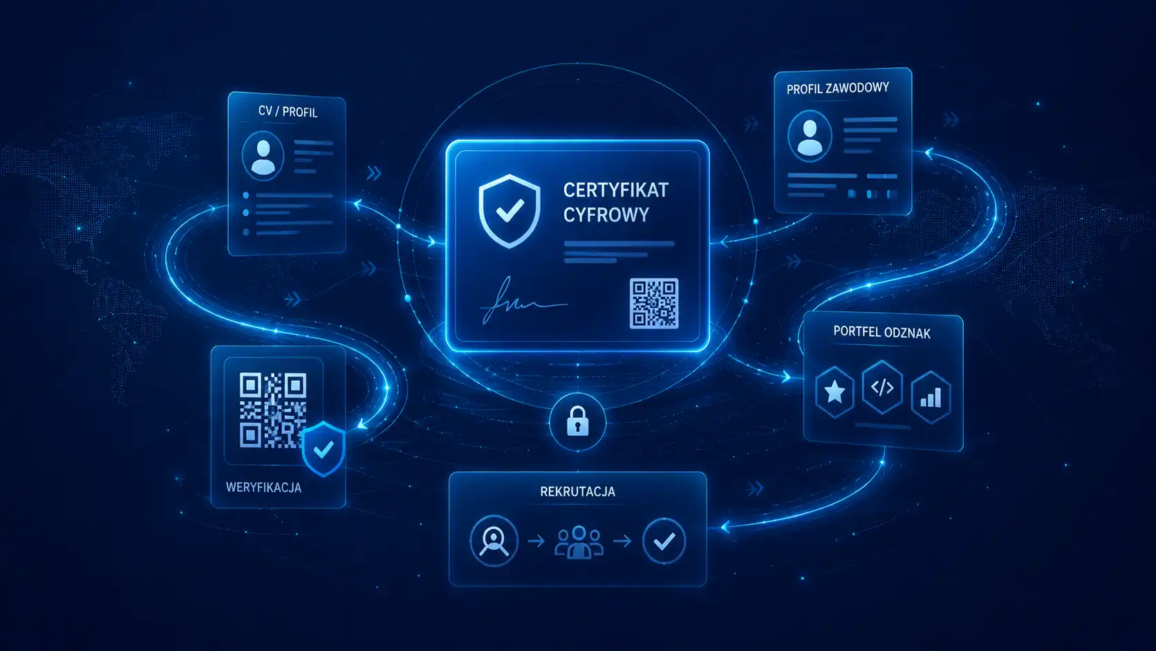Cyfrowy certyfikat z QR, profil zawodowy, CV, rekrutacja i portfel odznak połączone świetlistą ścieżką danych