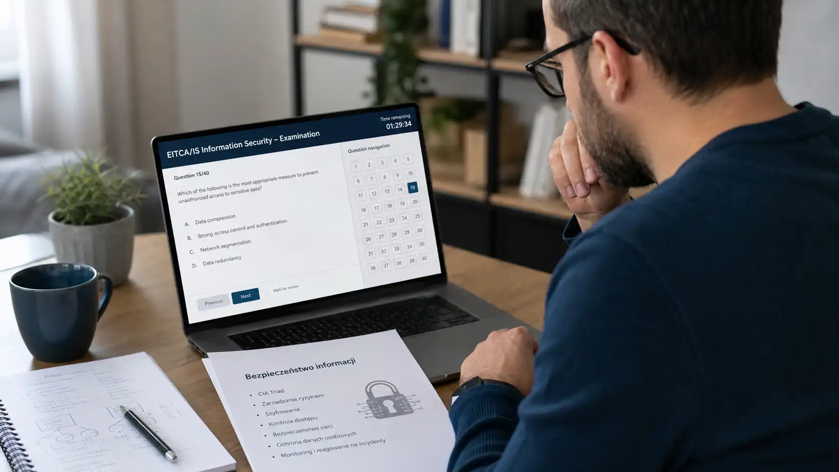 Osoba przygotowująca się do egzaminu online z bezpieczeństwa informacji przy laptopie i notatkach