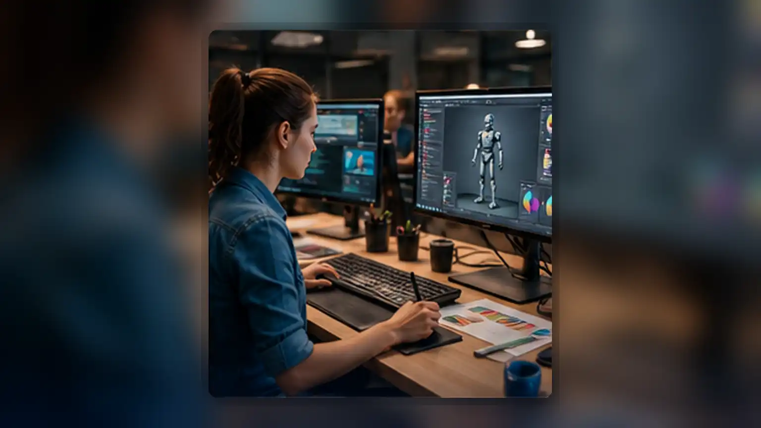 Zdjęcie osoby pracującej w studiu projektowym nad grafiką, modelem 3D i materiałami kreatywnymi na monitorach.