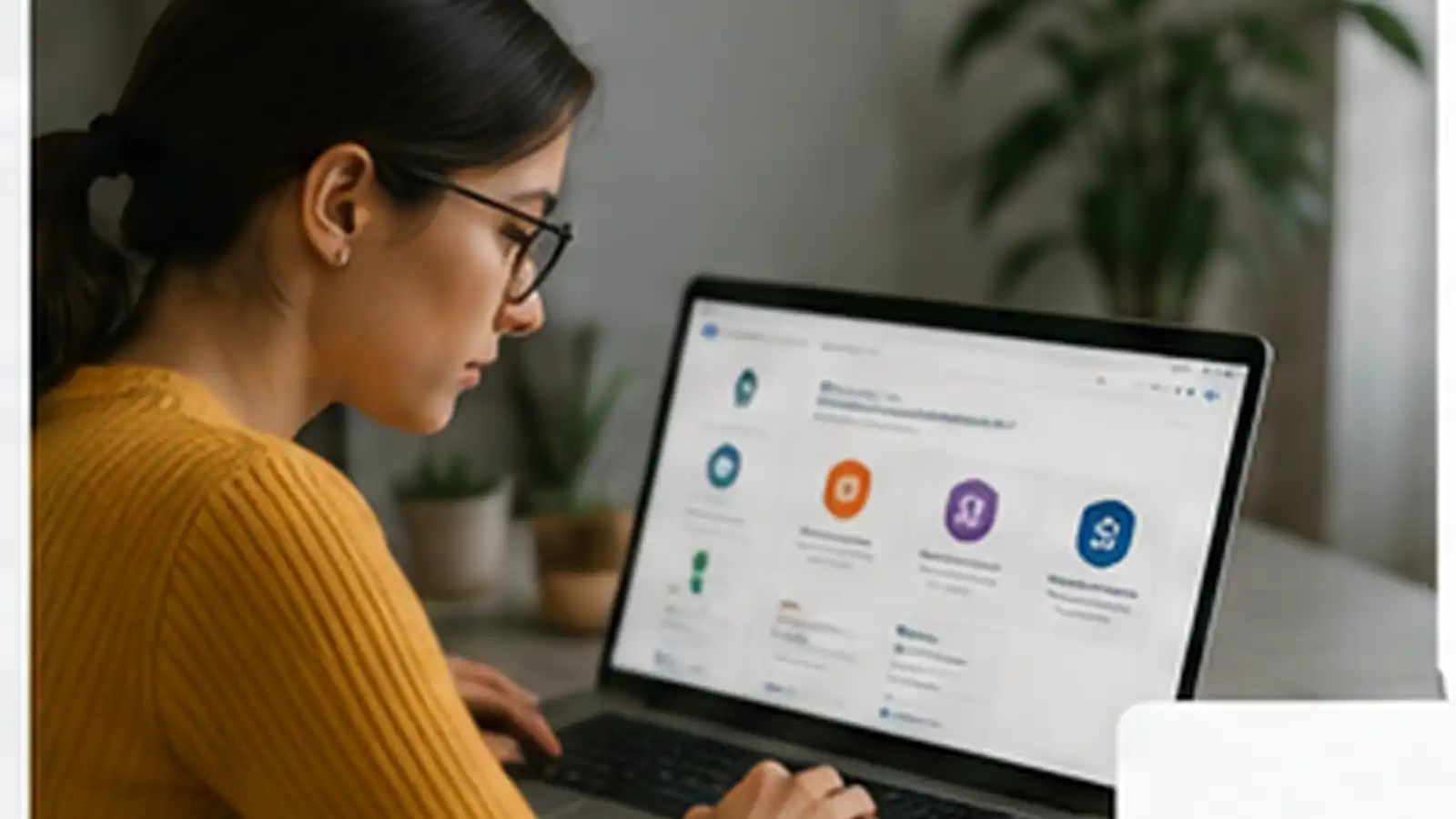 Ilustracja kobiety uczącej się online i rozwijającej kompetencje cyfrowe w modelu e-learningu.
